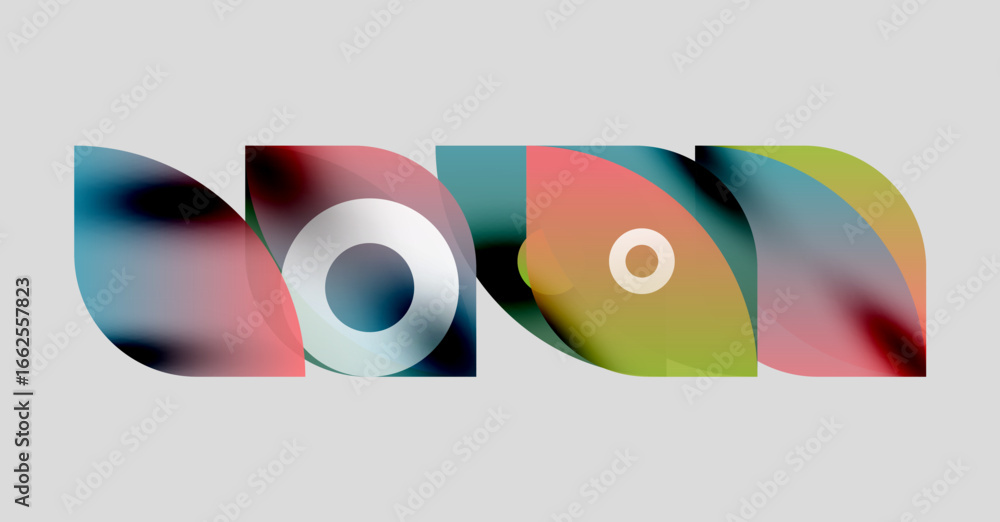 Poster abstract colorful shapes overlap, creating dynamic visual composition. gradients blend hues, forming