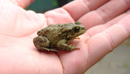 Tiny toad rests on a hand