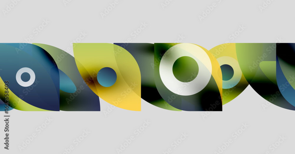 Poster abstract shapes overlap, creating colorful patterns. blue, yellow, green hues dominate composition. 