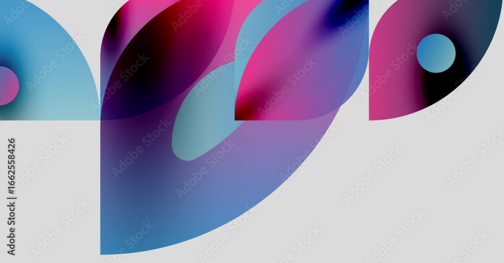 Poster abstract composition featuring overlapping colorful shapes. soft gradients create fluid forms, blend