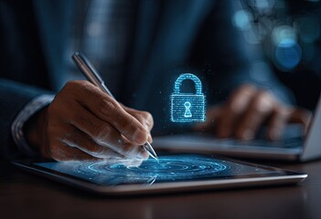 Close-up of a person's hand writing on a tablet with a digital lock graphic