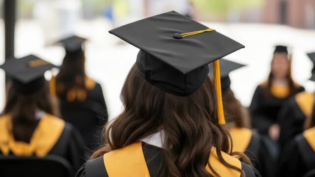 A young woman with long brown hair, seen from behind, wearing a black graduation cap and gown with a gold tassel and stole, sits in a crowd of fellow graduates during a commencement ceremony