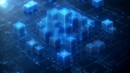 Dynamic Fly-Through of a Futuristic Digital City Built on Glowing Blockchain Data Cubes - Powered by Adobe