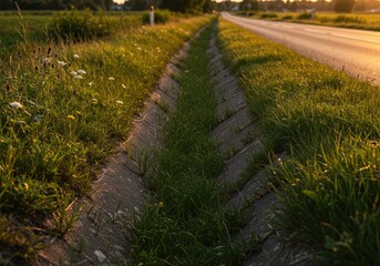Roadside ditch lined with grass and paving stones at sunset