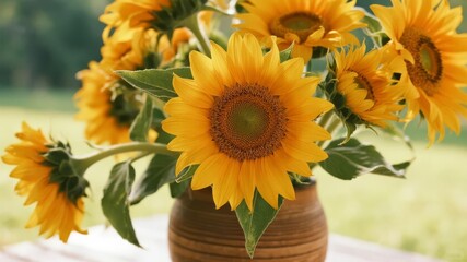 Fototapeta premium Close-Up of Sunflower Bouquet in Rustic Wooden Vase, Warm Summer Still Life with Natural Lighting