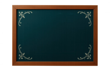 Green chalkboard featuring wooden frame, floral embellishments, offering clean workspace for educational content against transparent backdrop