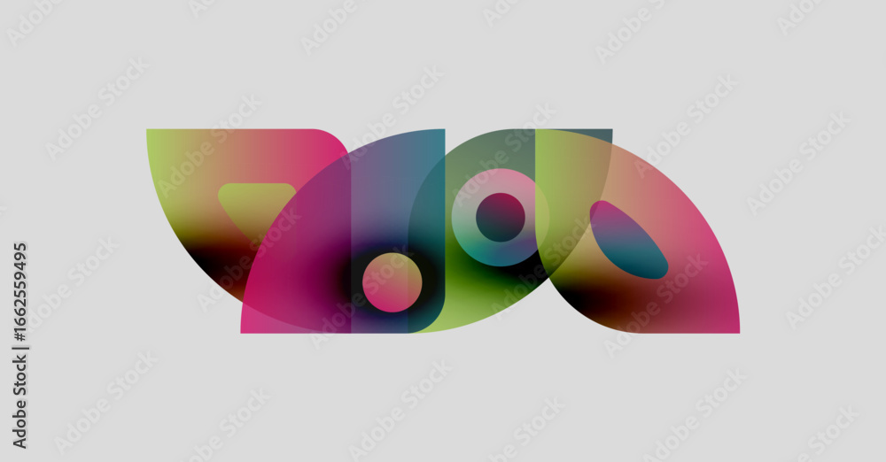 Poster abstract colorful shapes overlap, creating dynamic visual composition. soft gradients blend hues, fo