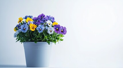 A colorful arrangement of pansies in a white pot on a white background.