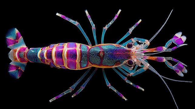 Highly detailed, vibrant macro image of a colorful shrimp against a stark black background