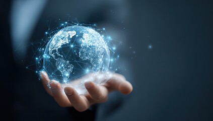A hand holds a digital globe, network connections