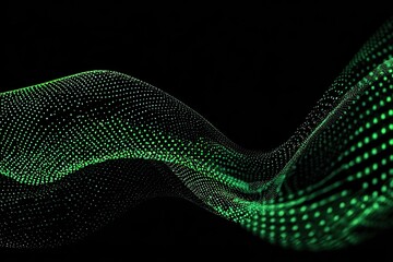 Abstract digital wave of shimmering green dots on black background