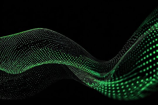 Abstract digital wave of shimmering green dots on black background