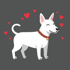 White dog with red collar surrounded by red hearts vector illustration in love and happiness concept 