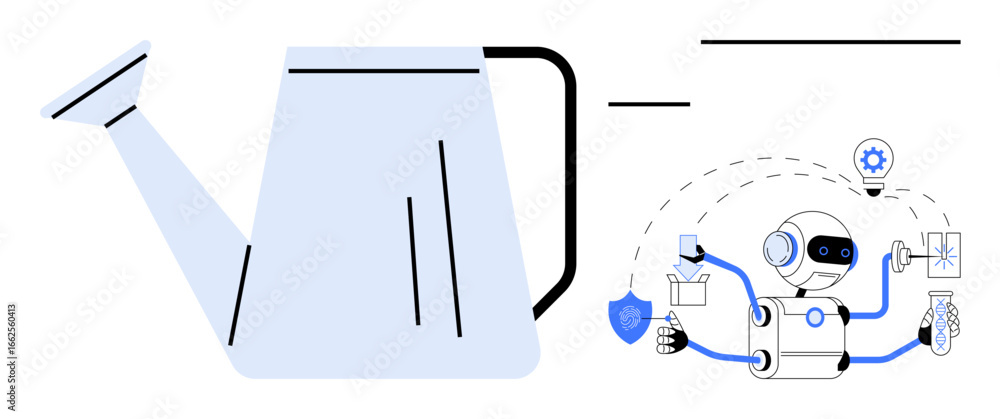Poster simplified watering can beside robot with multiple arms performing tasks thumbs up fixing, controlli