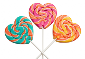 Three colorful heartshaped lollipops with striped swirls, isolated on transparent background
