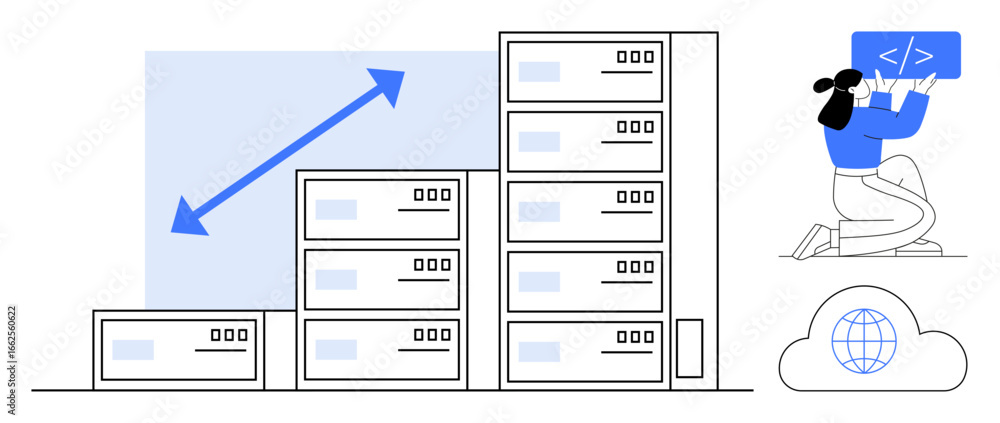 Poster data servers stacked to signify scalability, arrow indicating growth, person coding laptop, and clou