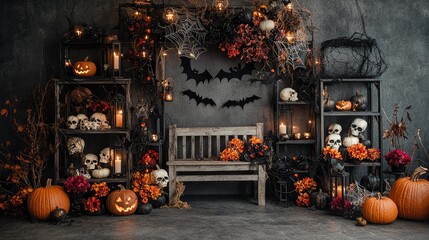 A Halloween-themed room with pumpkins, bats, and spider webs.