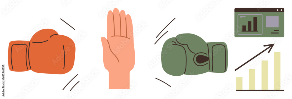 Poster boxing gloves facing a raised hand symbolize conflict resolution. next to them, a growth chart and s