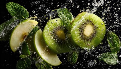 Fresh kiwi and apple slices in water splashes with mint leaves