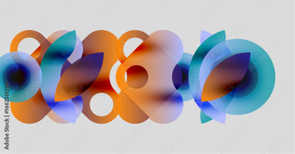 Poster abstract composition featuring overlapping translucent circles. orange, blue hues dominate neutral b