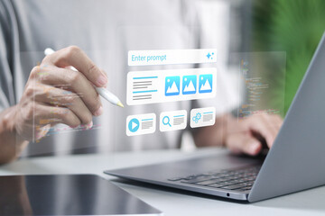 SGE, Search Generative Experience concept. Person using laptop with AI Landing Page builder...