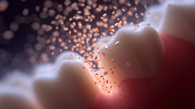 Teeth close up dental chewing process showing food particles trapped between molars with saliva breaking down food for oral hygiene care and digestion