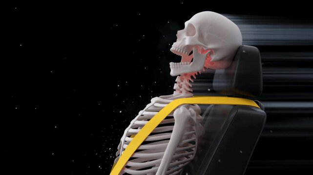 Skeleton wearing yellow seatbelt in car seat crash test showing neck injury risk with motion blur during collision safety restraint system impact