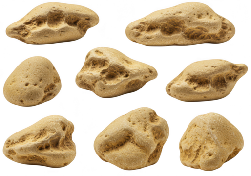 A collection of seven irregular shaped beige stones and pebbles, isolated on transparent background