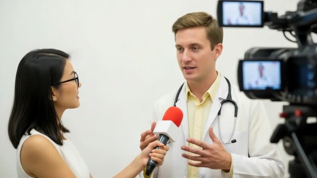 A doctor is interviewed by a journalist with a microphone and camera in the background, discussing medical information