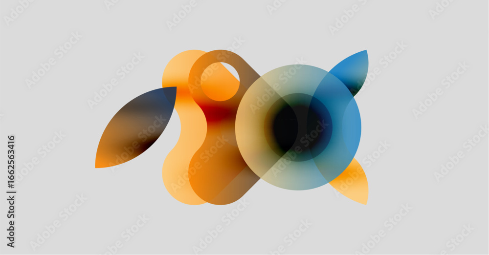 Poster abstract shapes overlap, creating soft color blends. orange, blue hues dominate neutral background. 