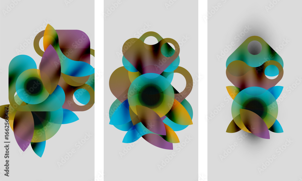 Poster abstract artwork. three panels display colorful overlapping circles, gradients, soft shapes. minimal