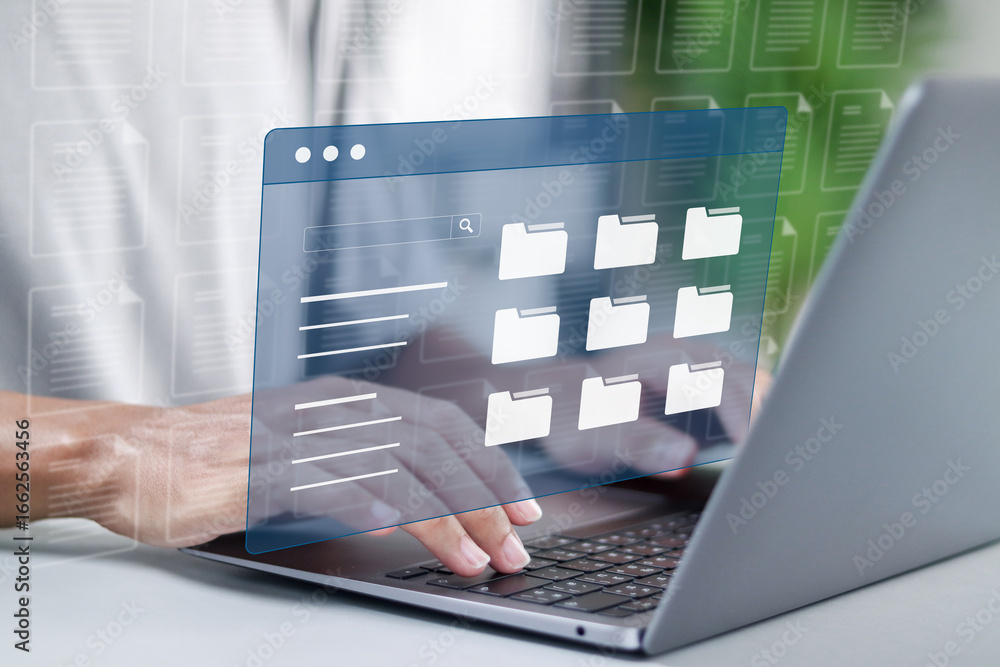 Poster document management concept. digital organization, file storage, document management, cloud storage.