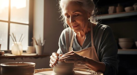 Senior Woman Shaping Clay on Pottery Wheel in Studio