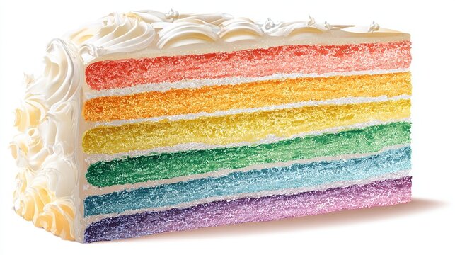 Rainbow layered cake slice with white frosting and swirls on side