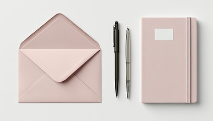 Pink envelope, pen, and notebook, laid out on a white surface