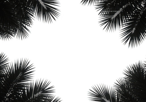 Four dark palm leaf silhouettes forming a frame against a clean transparent background, creating a tropical border