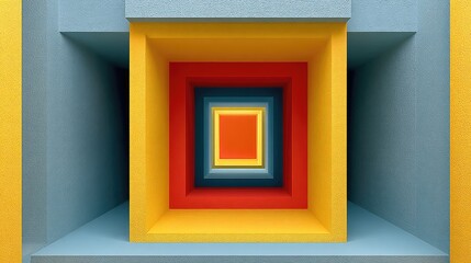 Abstract nested squares, receding perspective, textured surfaces, vibrant color palette