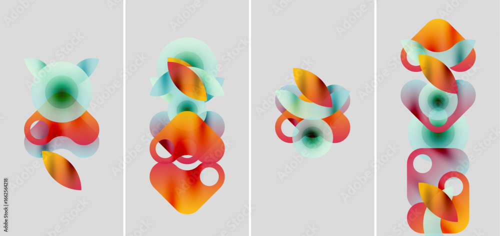 Poster abstract gradients form flowing shapes across four panels. colors blend, creating dynamic visual rhy