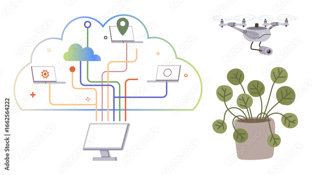 Poster networked devices interact through a cloud system, linking drones, laptops, and sensors. ideal for i