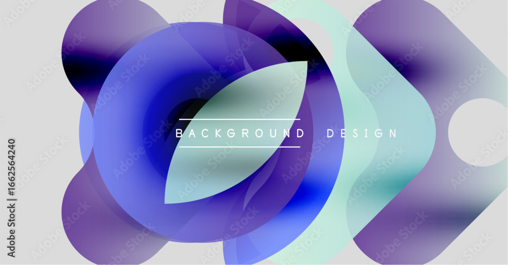 Poster abstract fluid shapes overlap, creating vibrant blue, purple hues. text reads background design cent
