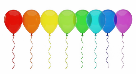 Rainbow Colored Balloons in a Row with Strings – Isolated on Transparent PNG Background , rainbow balloons, colored balloons, party balloons, red balloon, orange balloon, yellow balloon, green balloon