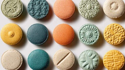Assorted colorful pills arranged in a grid pattern on a white background.  Various textures and designs on the pill surfaces