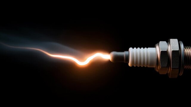 Spark plug firing electric spark in dark background showing ignition combustion energy flow and energy transfer in engine metal part