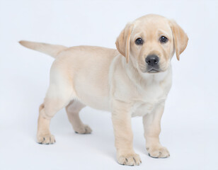 Labrador Retriever puppy standing, isolated white background, clean lighting