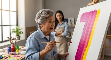 Joyful Senior Asian Woman Painting Art in Creative Studio