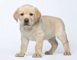 Labrador Retriever puppy standing, isolated white background, clean lighting