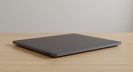 A sleek, modern, closed laptop computer rests on a wooden desk surface against a neutral gray background, showcasing its minimalist design and portability