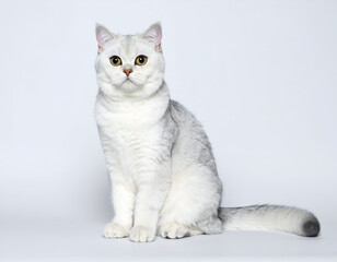 Obraz premium Studio shot of a British Shorthair cat sitting, pure white seamless background