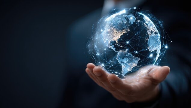 A hand holds a holographic, interconnected globe