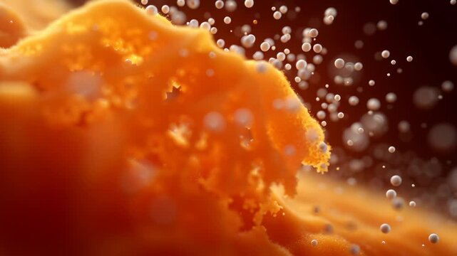 Enzyme and gastric juice dissolving food particles in close up view showing dynamic digestion process with vibrant orange texture and floating bubbles
